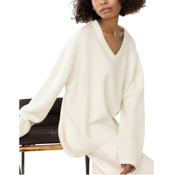 Commence NWT Ivory Chunky Knit Long Line V-neck Sweater Size L - Picture 1 of 7
